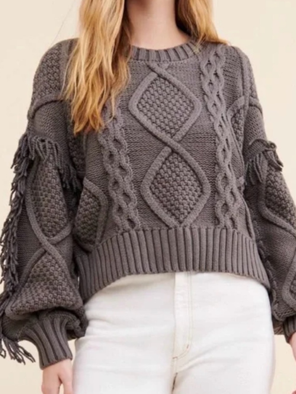 NWT Anthropologie Line+Dot Gray Jasper Fringe Cable Knit Sweater